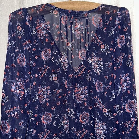 Joie S Navy Floral Silk Romantic Button Front Ruched Back Long Sleeve Blouse - Picture 4 of 12
